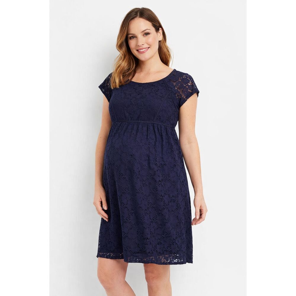 Lace Fit Flare Short Sleeve Dress Navy Blue Size Medium Motherhood Maternity